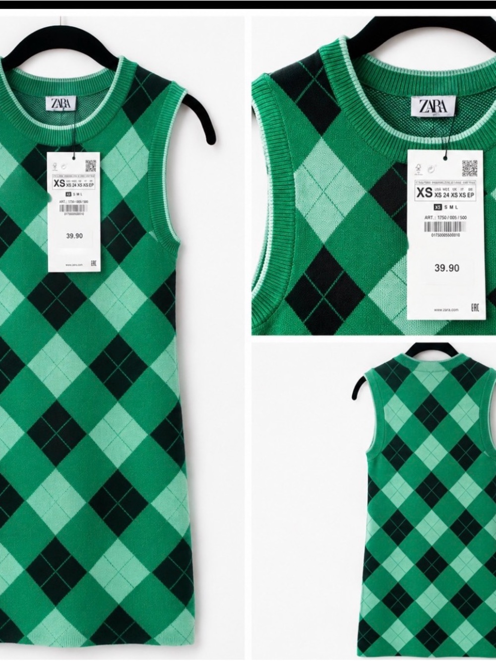 ZARA Green Argyle Knit dress women size xs nwt